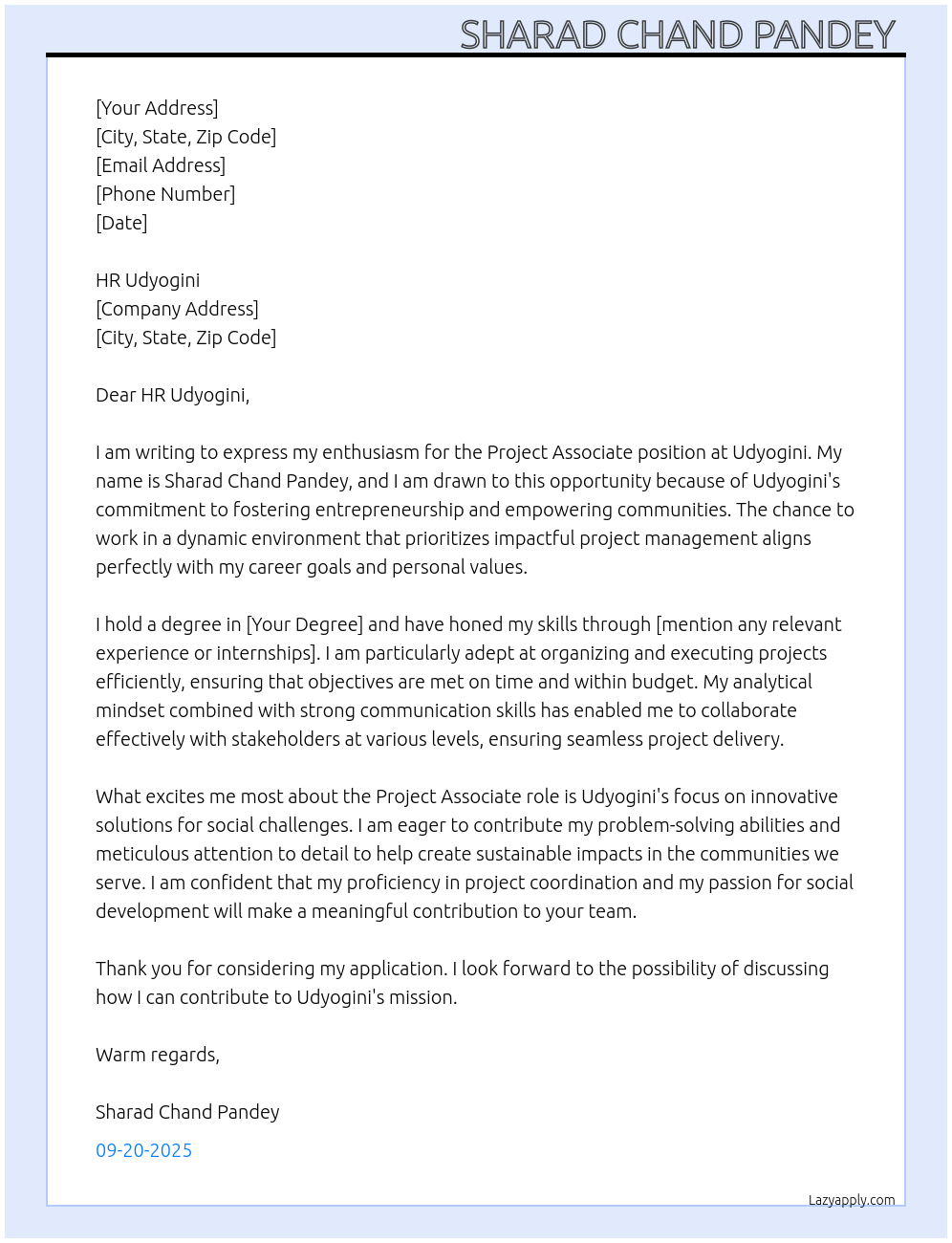 Cover letter for project associate - LazyApply
