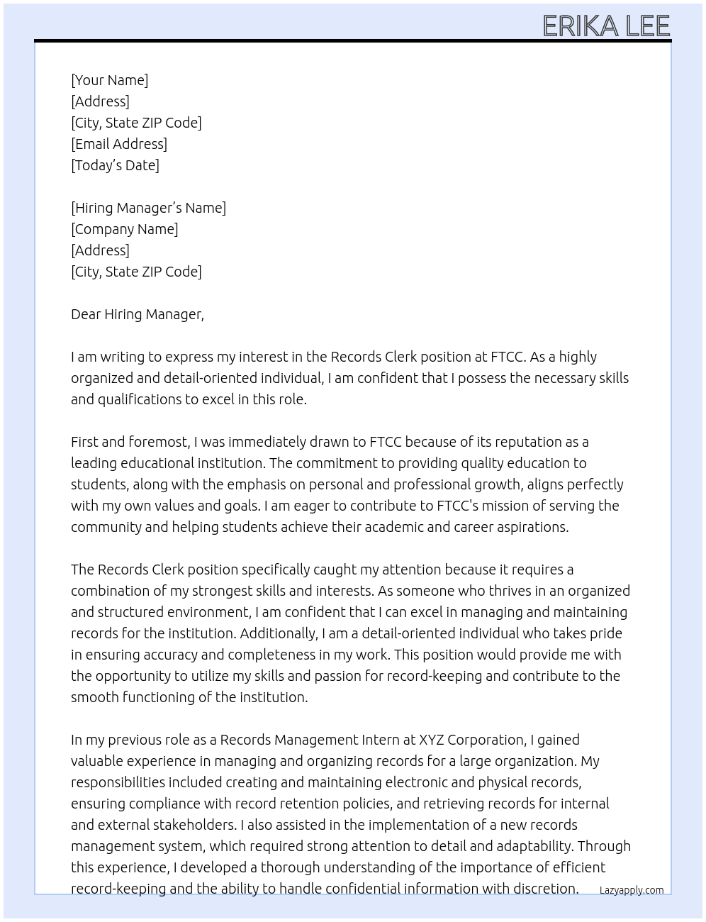 Records clerk At FTCC Cover Letter