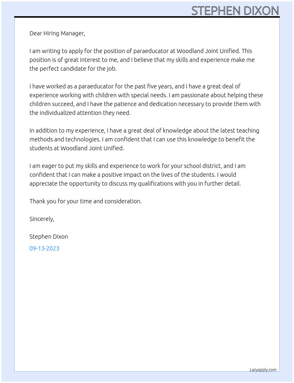 paraeducator At Woodland Joint Unified  Cover Letter