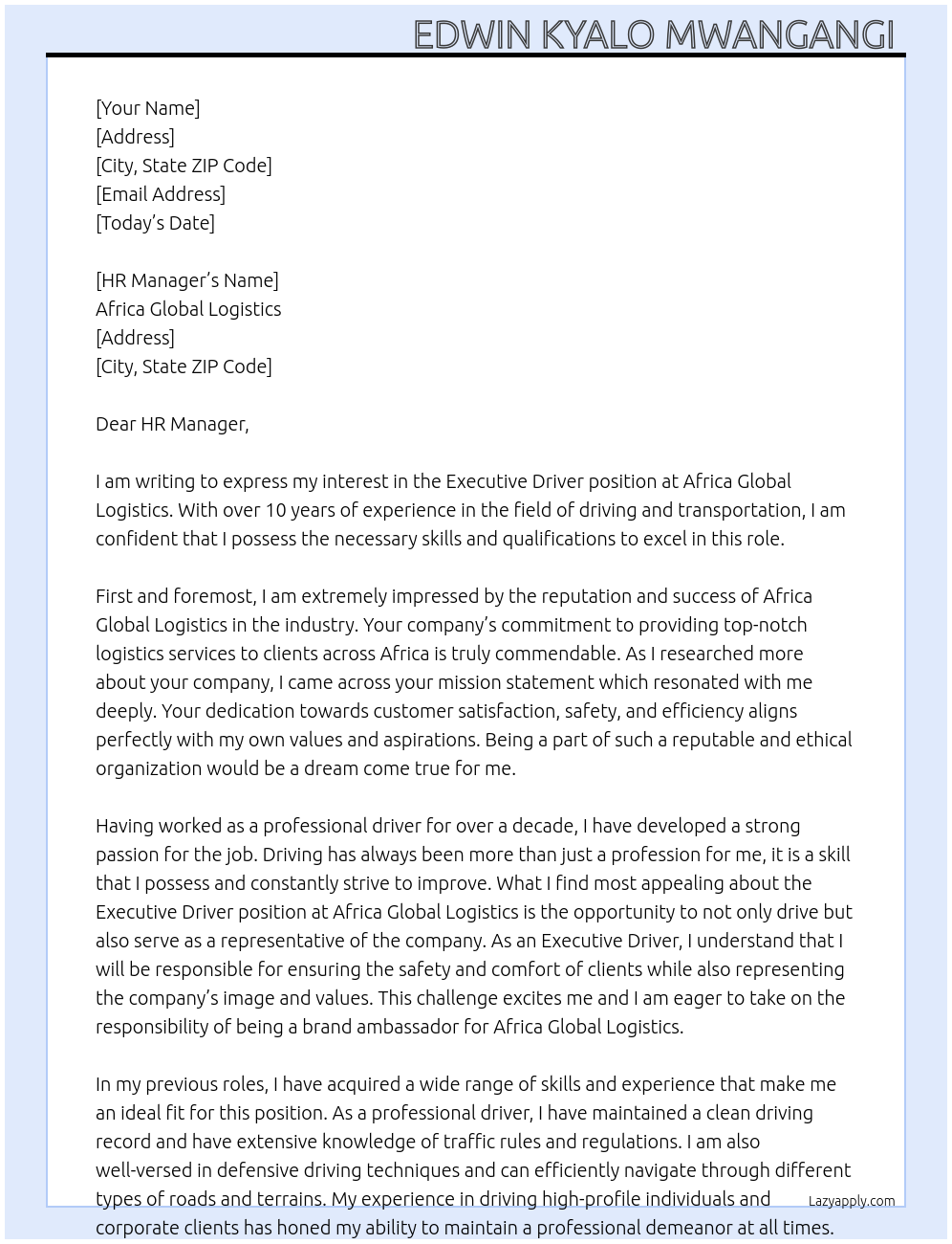 Executive driver At Africa global logistics Cover Letter
