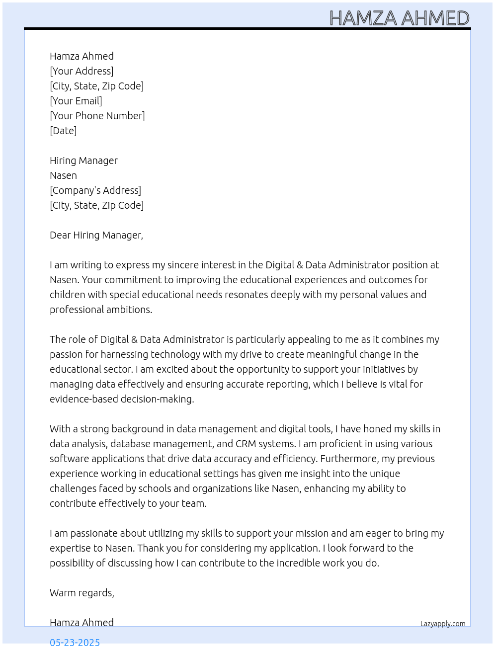 Cover letter for digital & data administrator - LazyApply