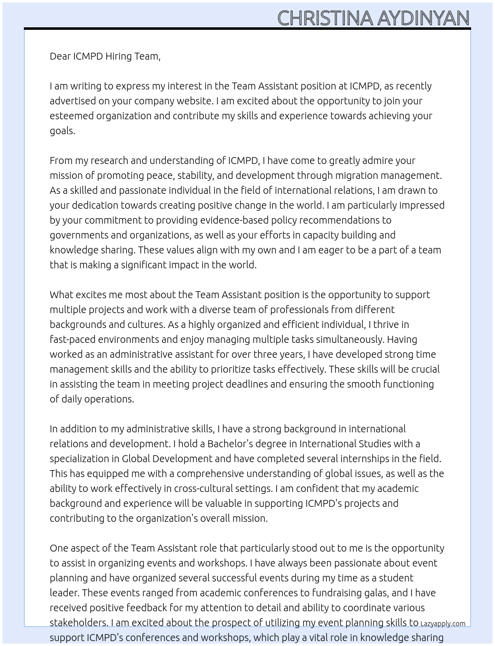 Team assistant At ICMPD Cover Letter