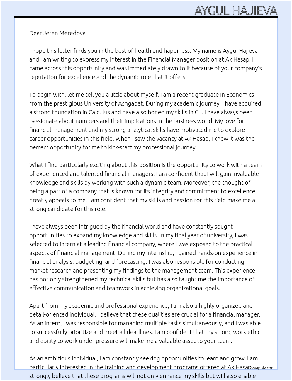 Financial Manager At Ak Hasap Cover Letter
