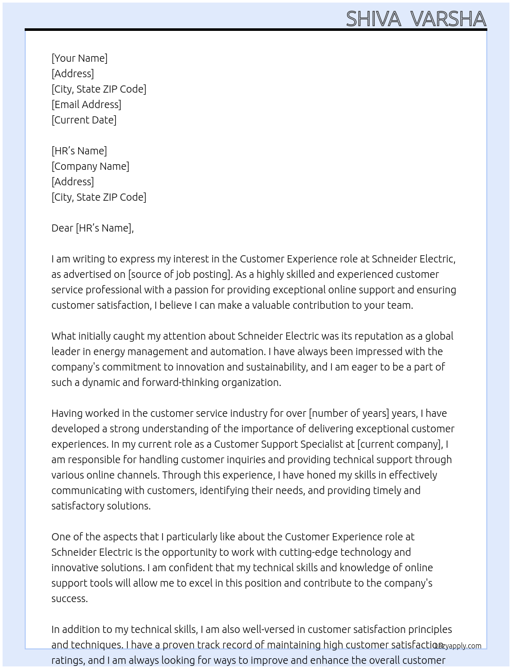 Customer Experience At Schneider electric Cover Letter