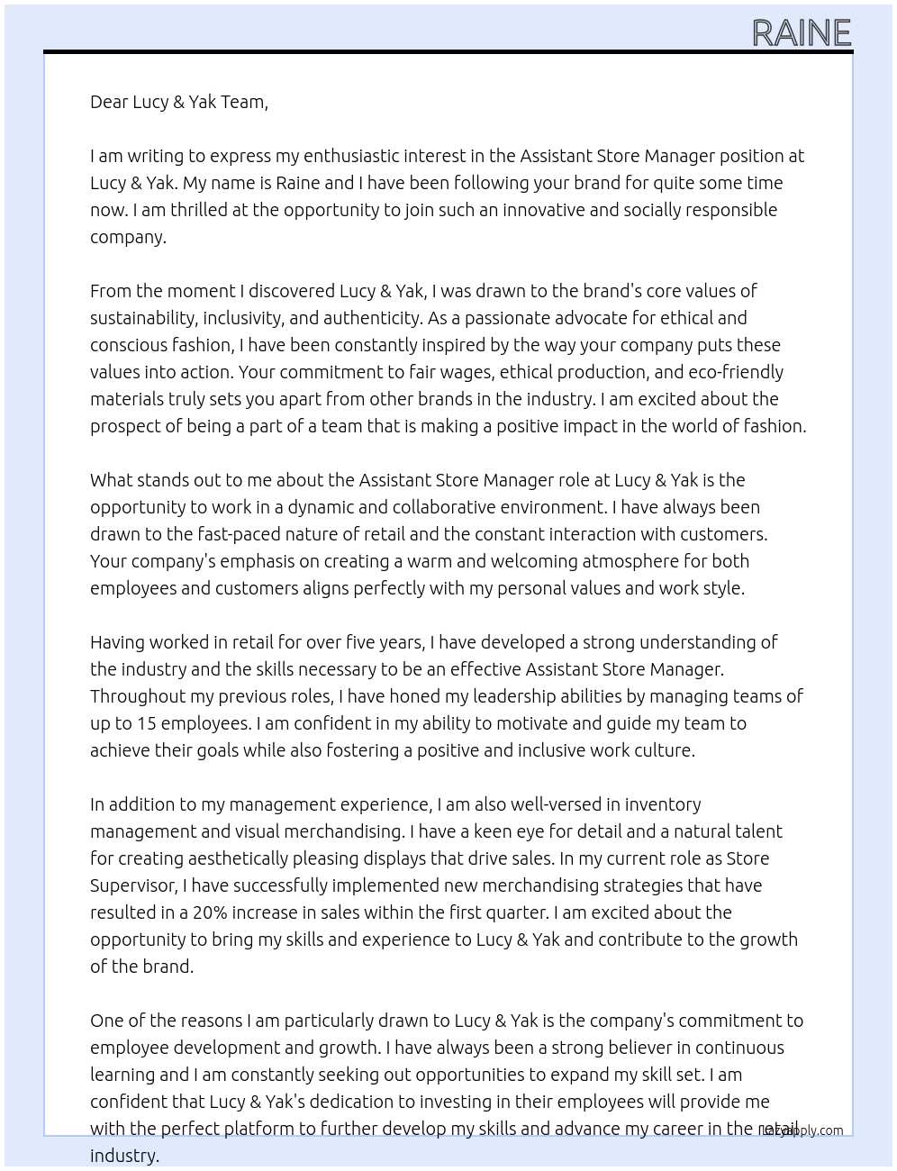 Assistant Store Manager At Lucy & Yak Cover Letter