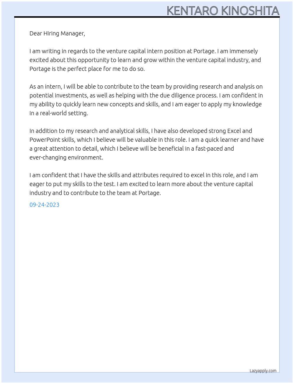 venture capital intern At Portage Cover Letter
