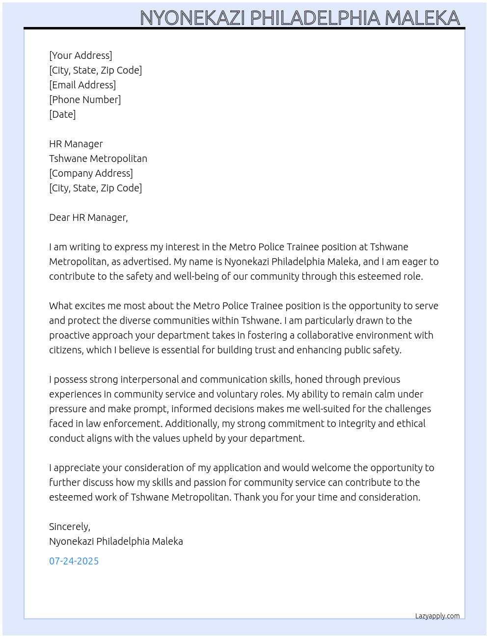 Metro Police Trainee At Tshwane Metropolitan  Cover Letter