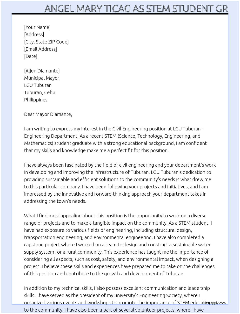 Civil engineering At LGU TUBURAN- ENGINEERING DEPARTMENT Cover Letter