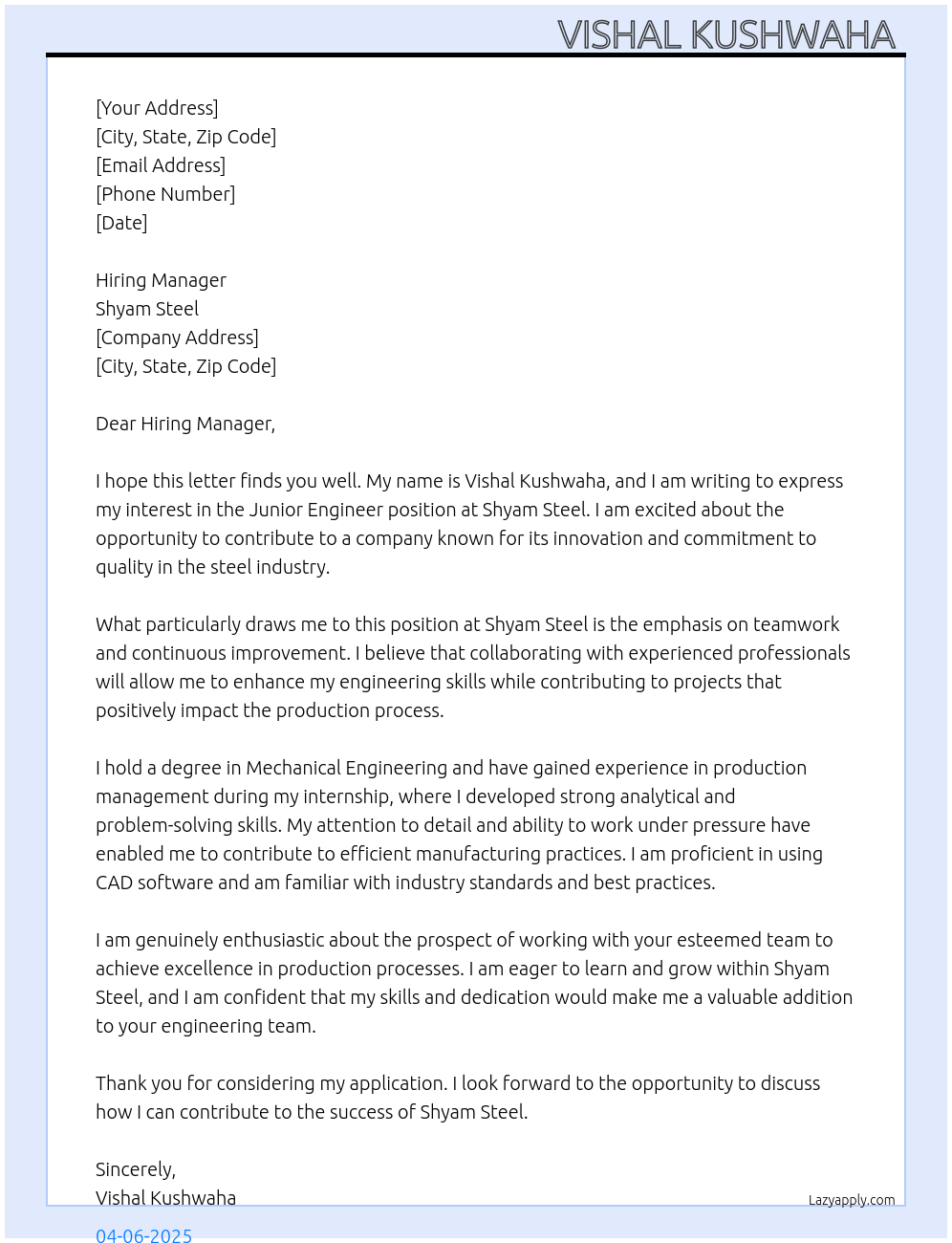 Junior engineer At Shyam Steel Cover Letter