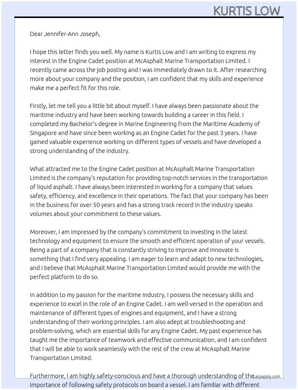 Engine Cadet At McAsphalt Marine Transportation Limited Cover Letter