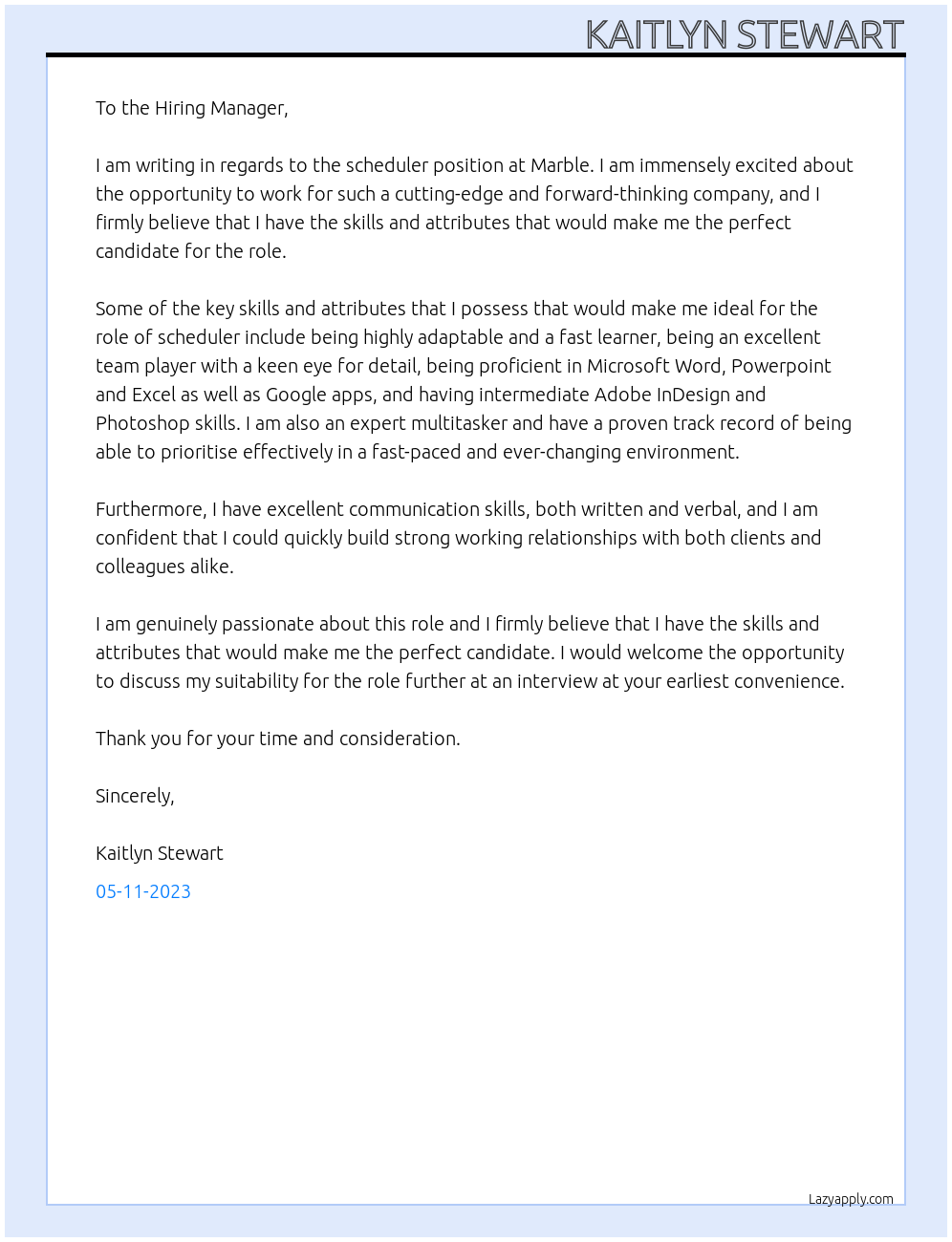 Scheduler At Marble Cover Letter