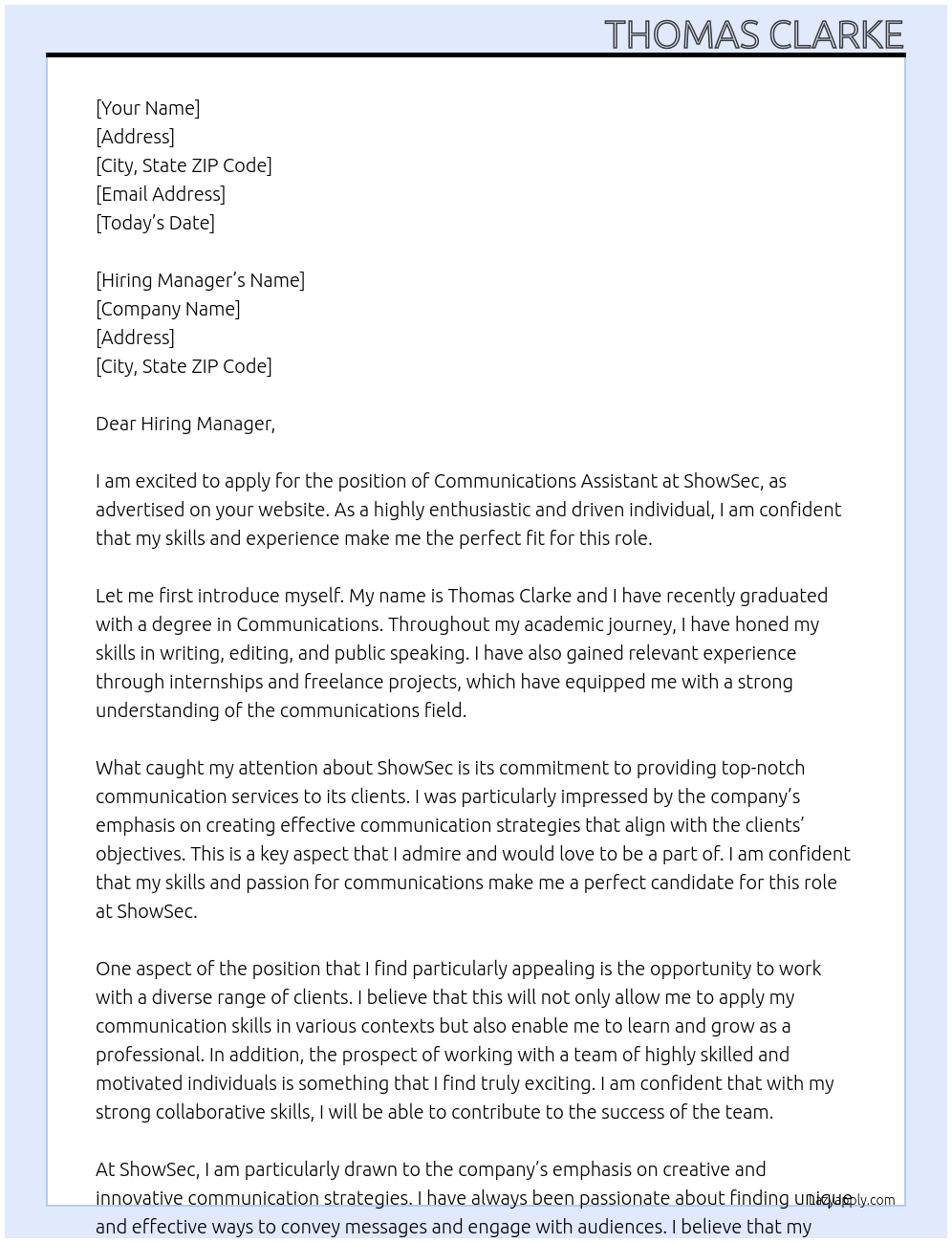 Communications Assistant At ShowSec Cover Letter