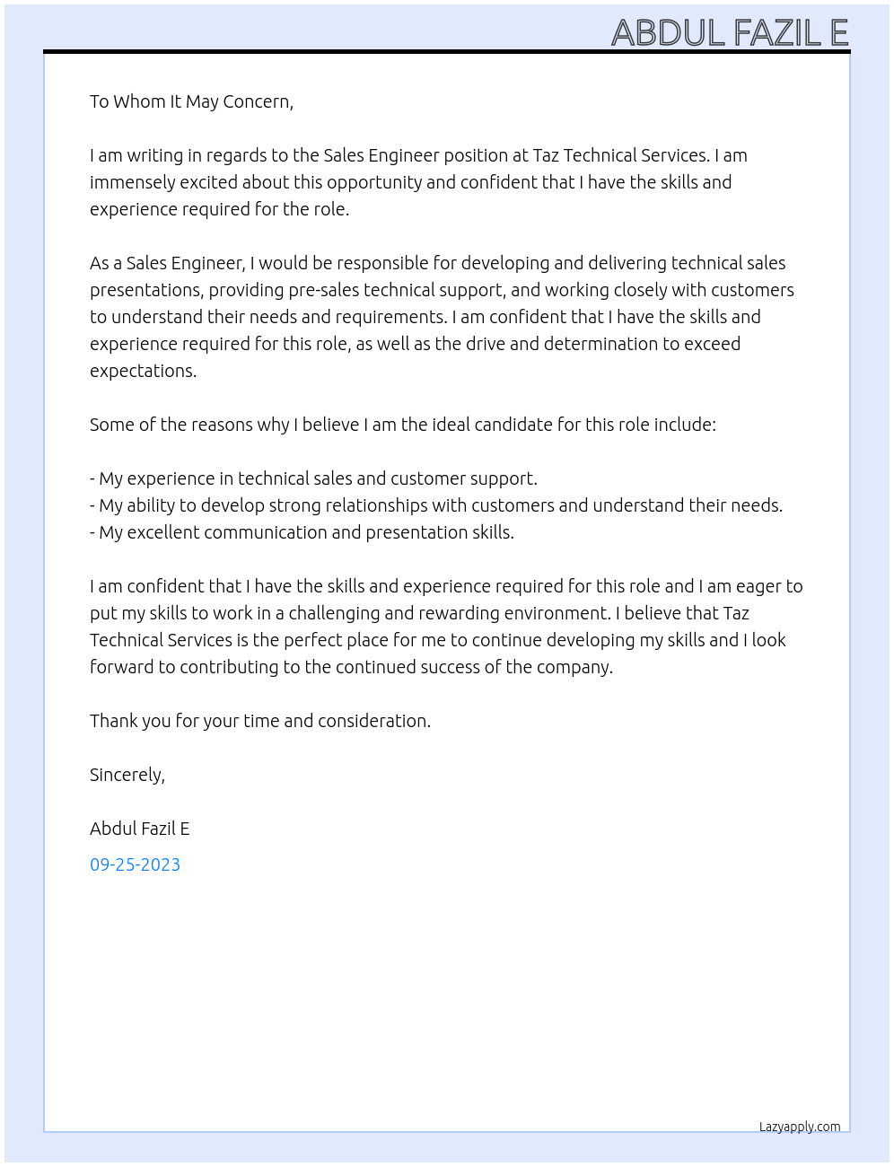 sales engineer At Taz Technical services l.l.c Cover Letter