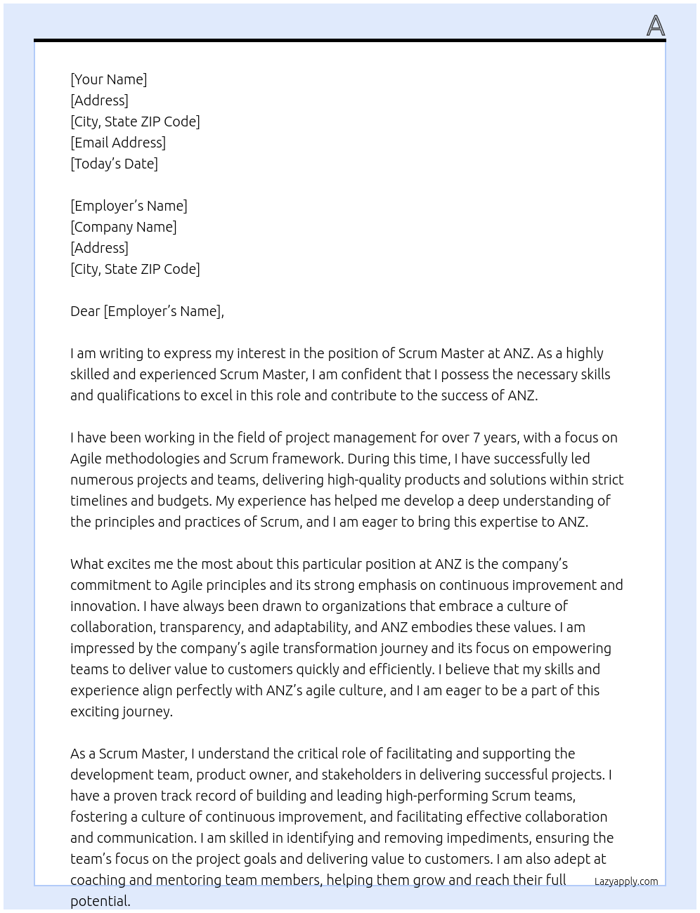 Scrum Master At ANZ Cover Letter