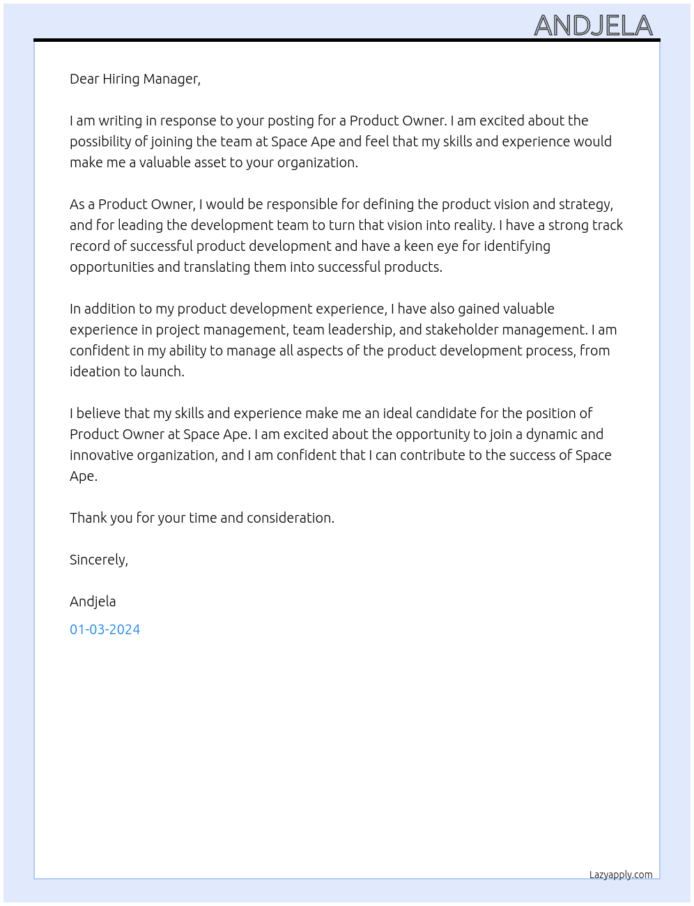 Product Owner At Space Ape Cover Letter