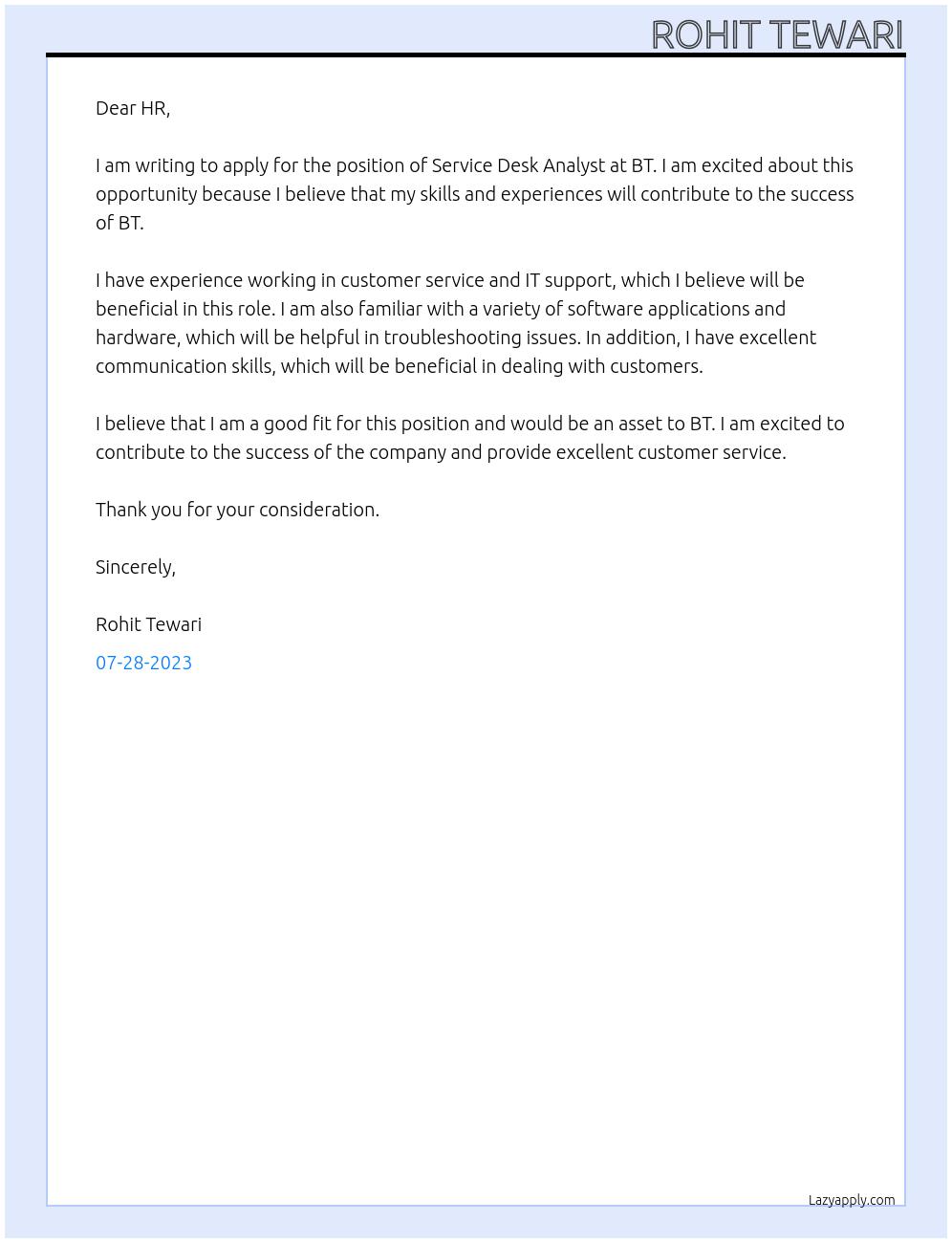 Service desk Analyst At BT Cover Letter