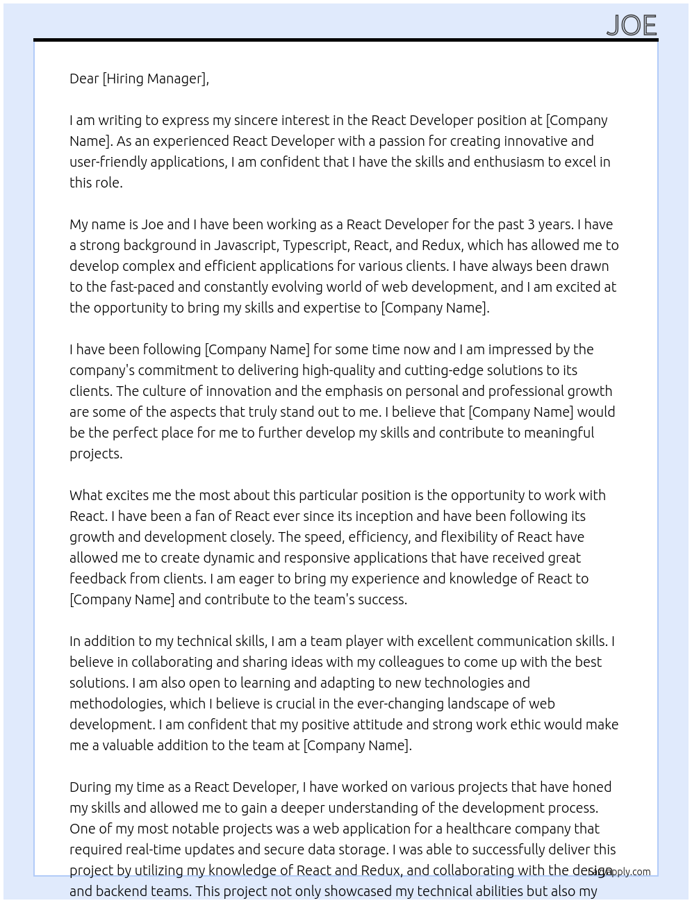 React Developer At xxx Cover Letter