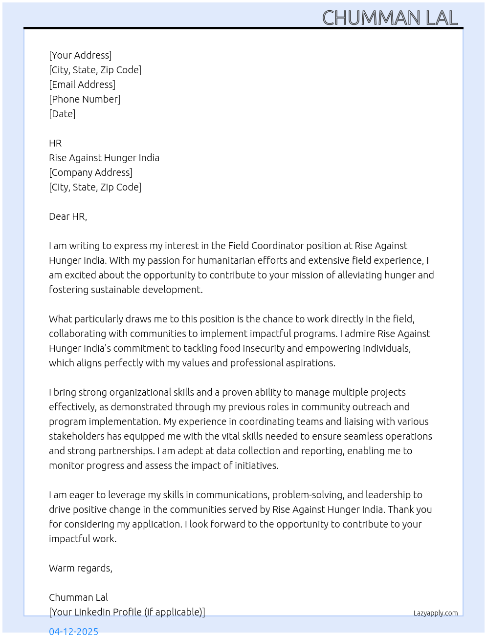 Field Coordinator At Hiring  at Rise Against Hunger India Cover Letter