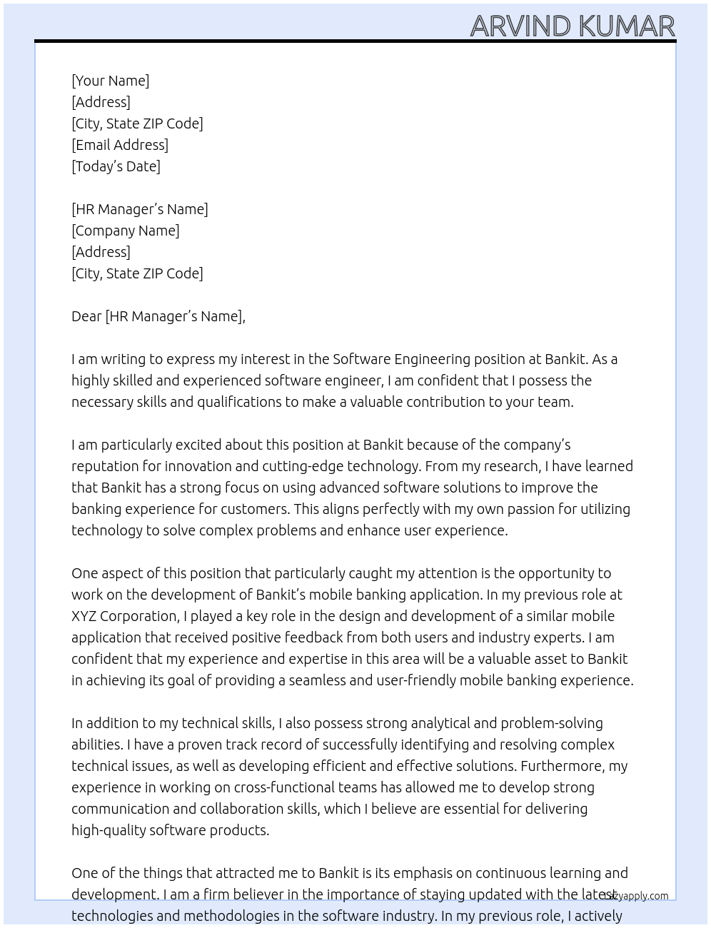 Software Engineering At Bankit Cover Letter