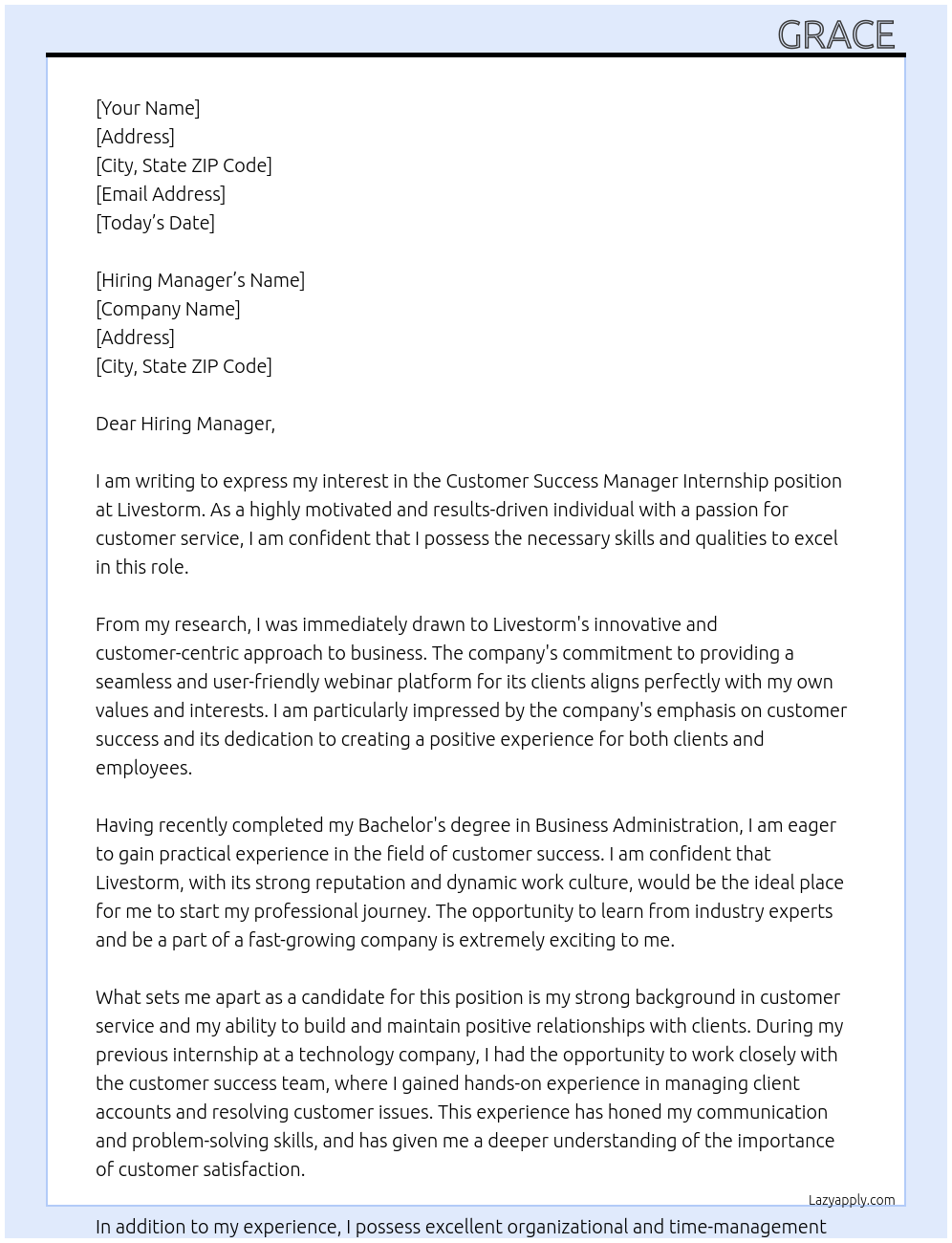 Customer success manager internship  At Livestorm  Cover Letter