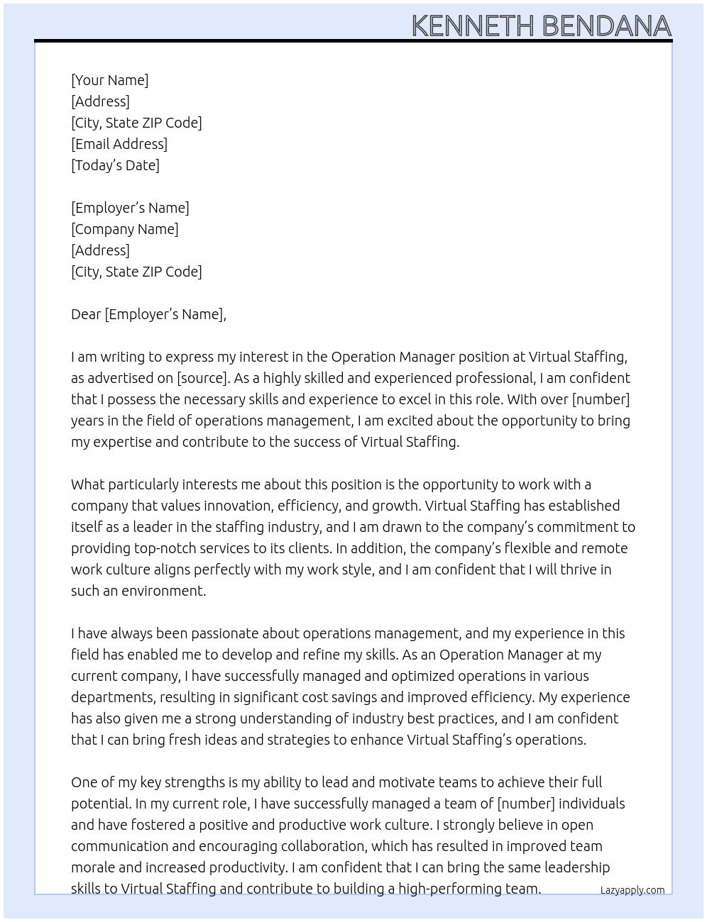 Operation Manager At Virtual Staffing Cover Letter