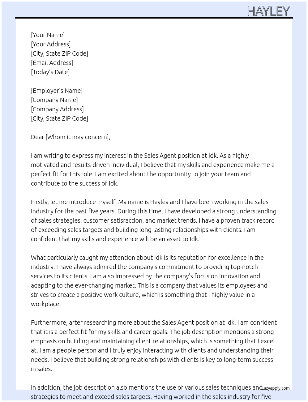 Sales agent At Idk Cover Letter