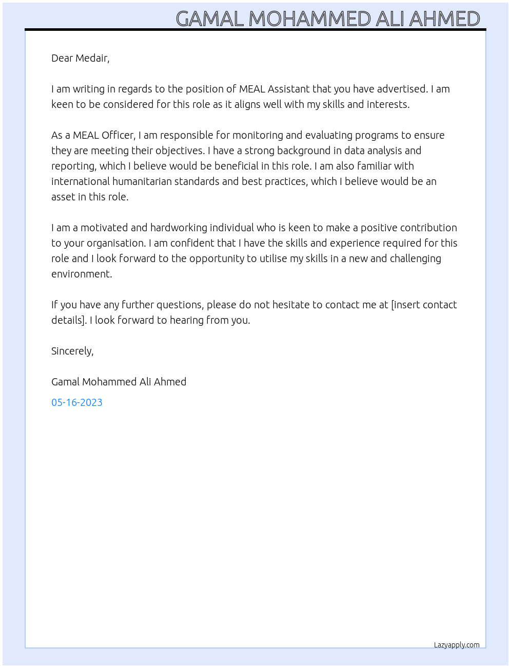 MEAL Assistant At Medair Cover Letter