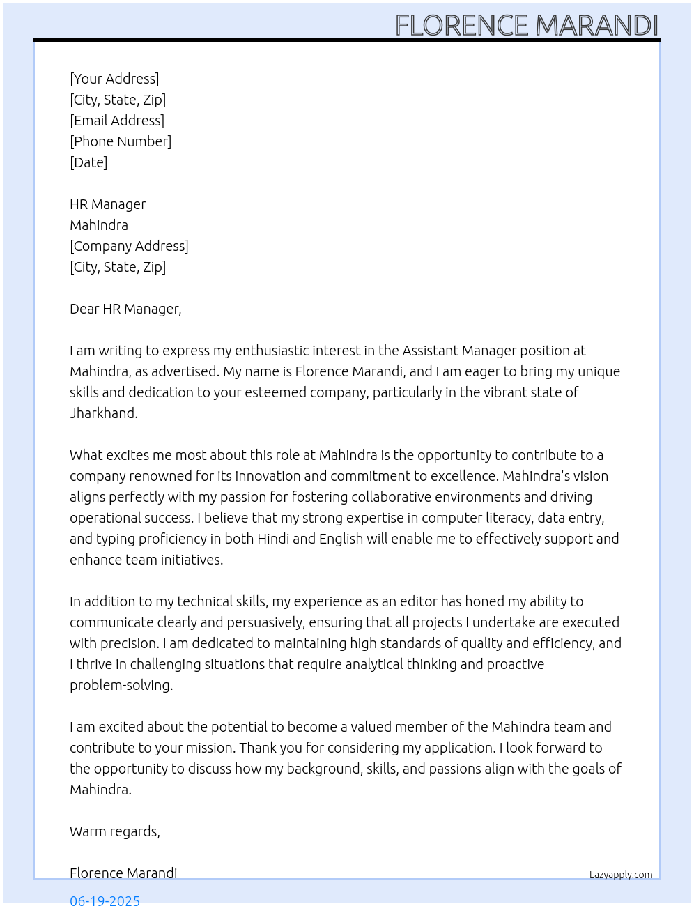 Assistant Manager At Mahindra Cover Letter