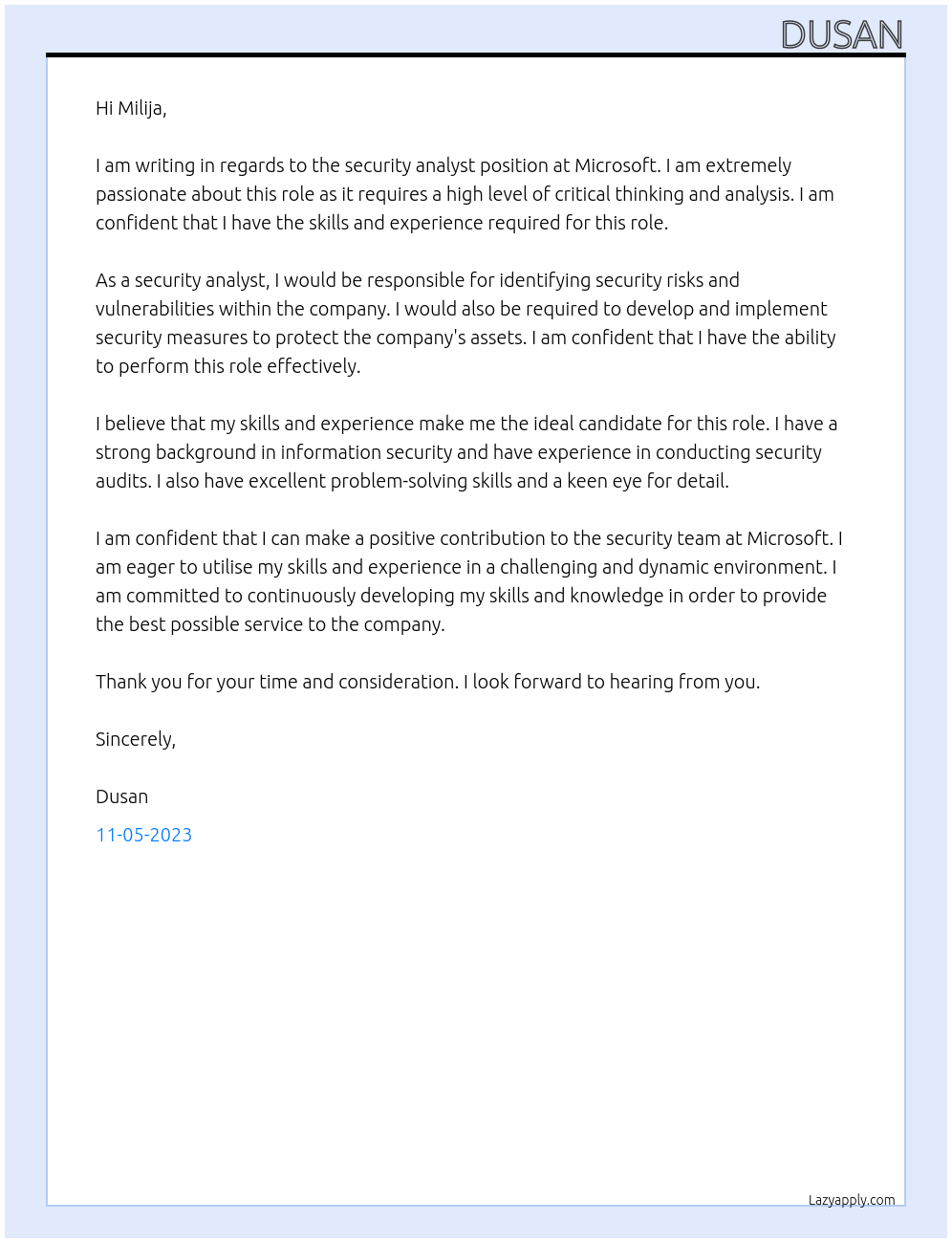 Security Analyst At Microsoft Cover Letter