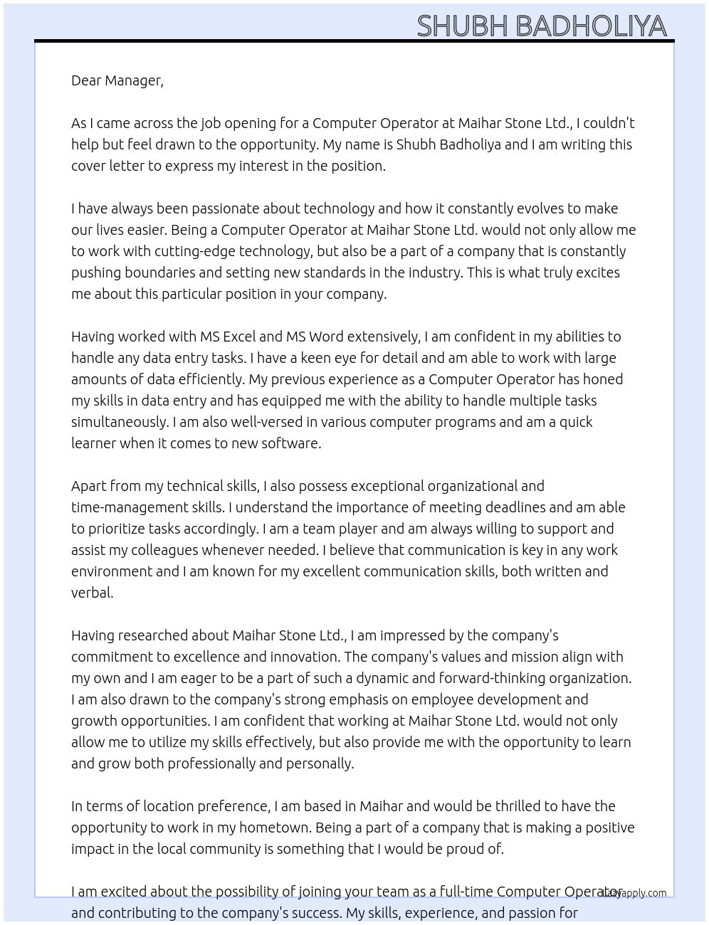 Computer operator At Maihar stone lmt Cover Letter