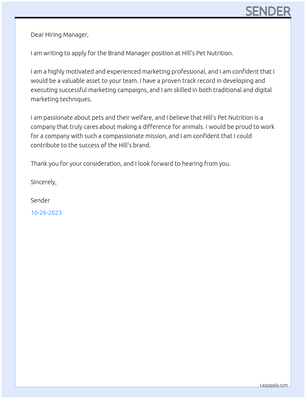 Brand Manager At Hill's Pet Nutrition Cover Letter