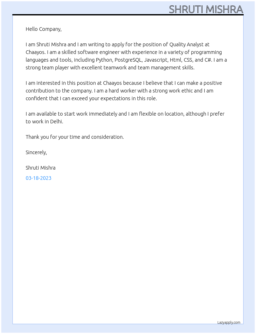 Quality Analyst At Chaayos Cover Letter