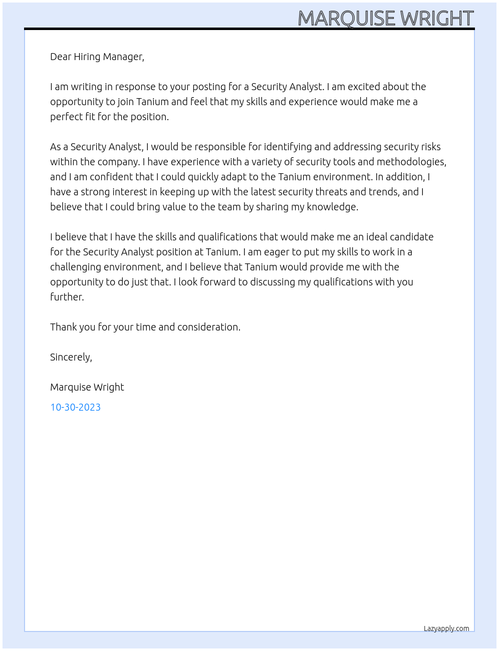 Security Analyst At Tanium Cover Letter