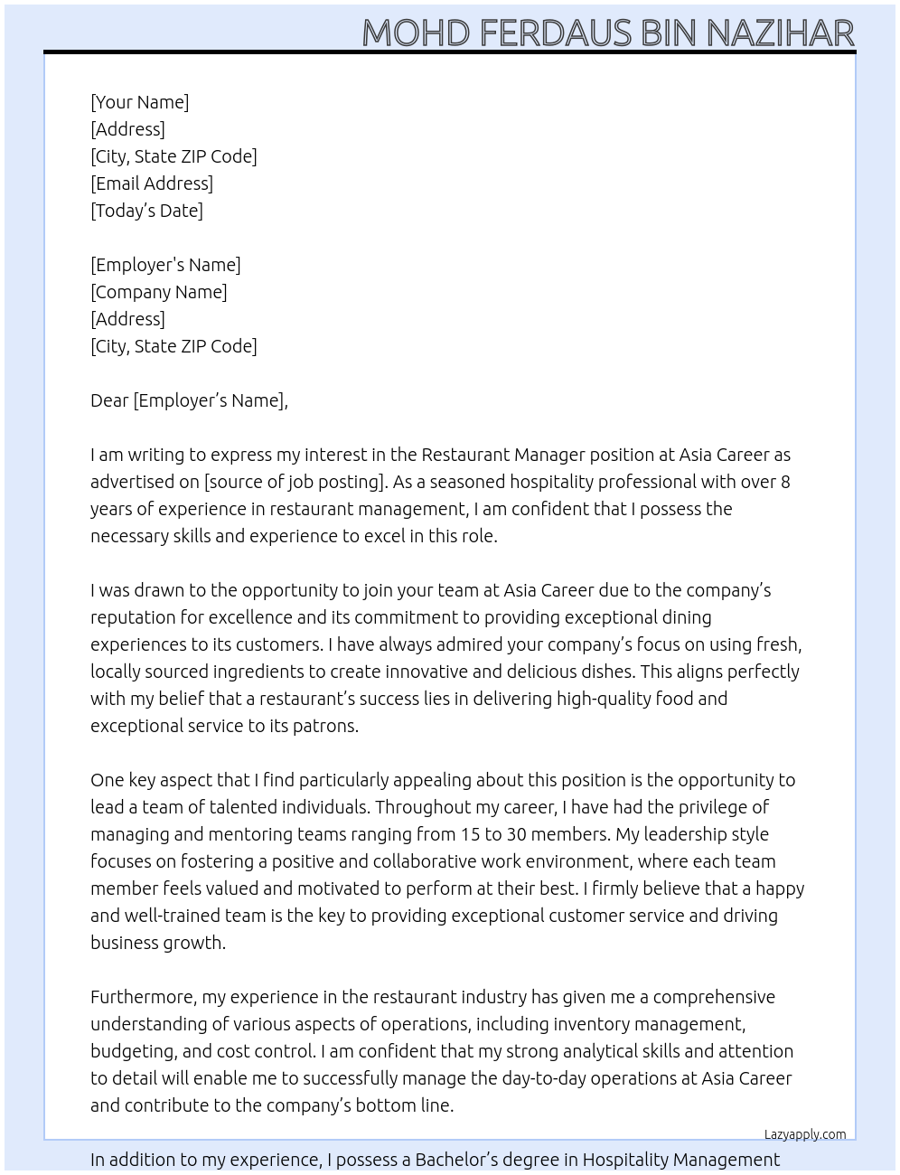 Restaurant Manager At Asia Career Cover Letter