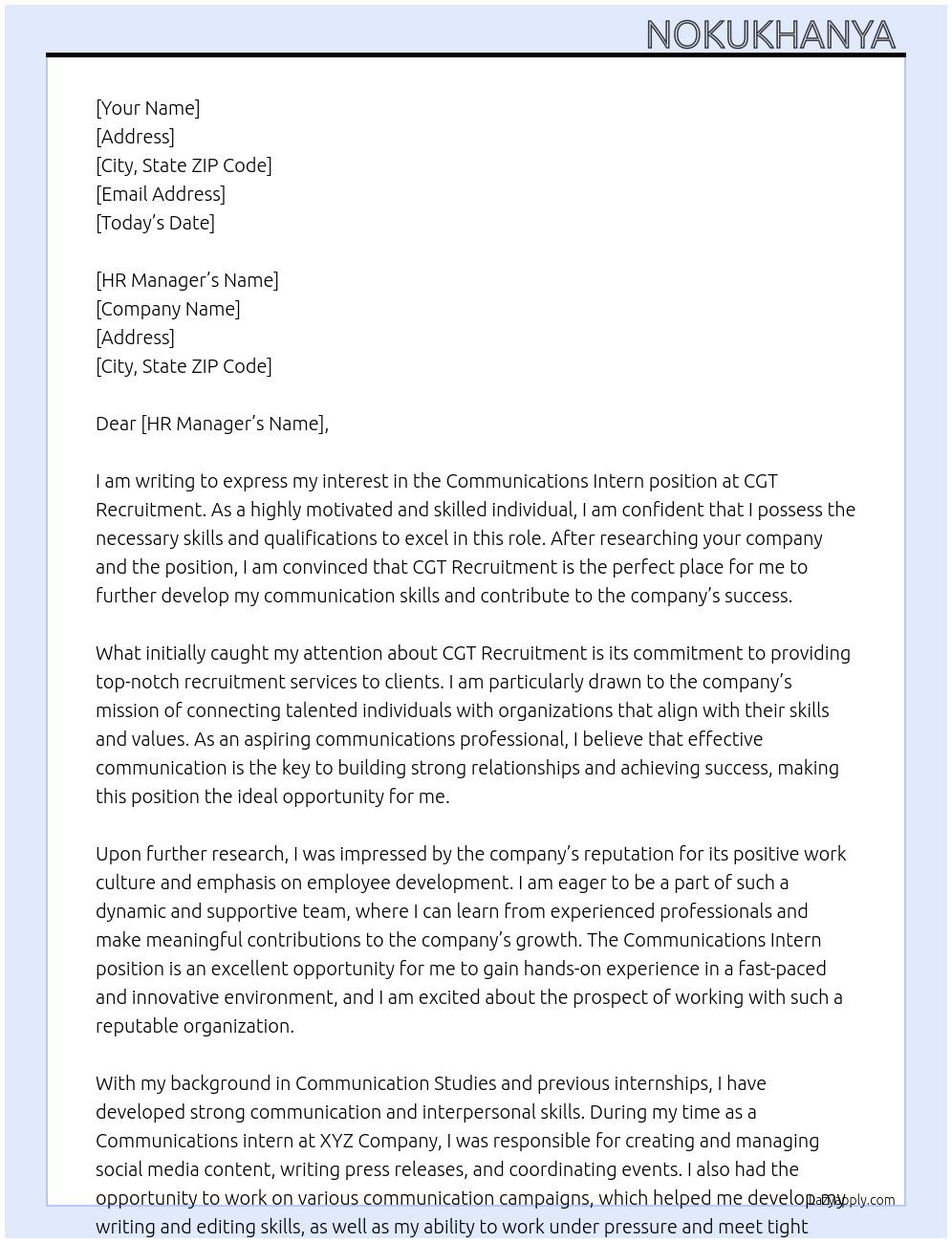 Communications Intern At CGT Recruitment Cover Letter