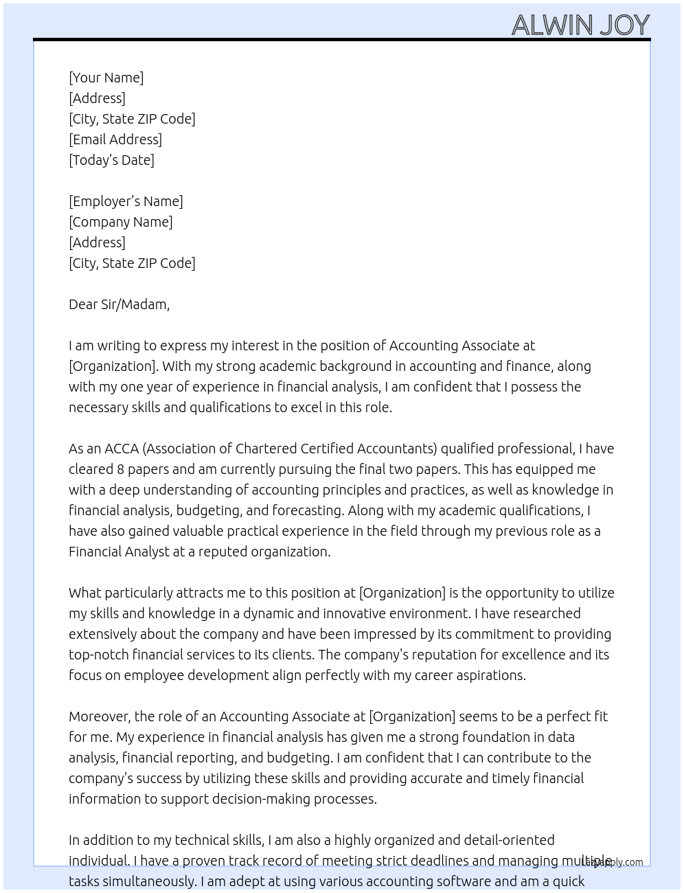 Accounting associate At Organization Cover Letter