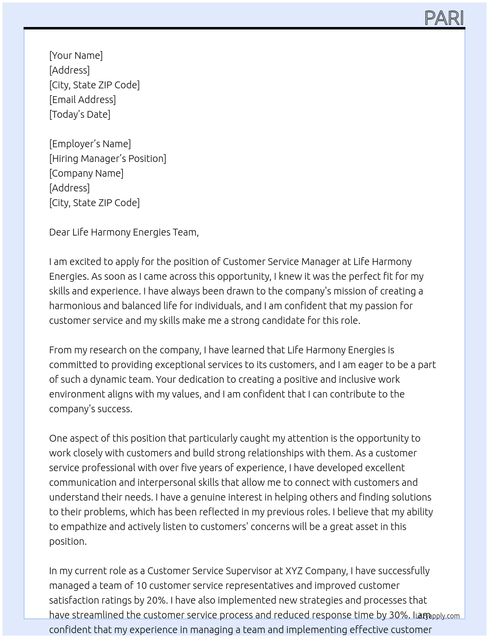 Customer Service Manager At Life Harmony Energies Cover Letter