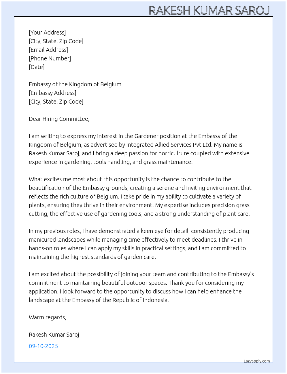 Gardner  At Integrated Alied Services Pvt Ltd  Cover Letter