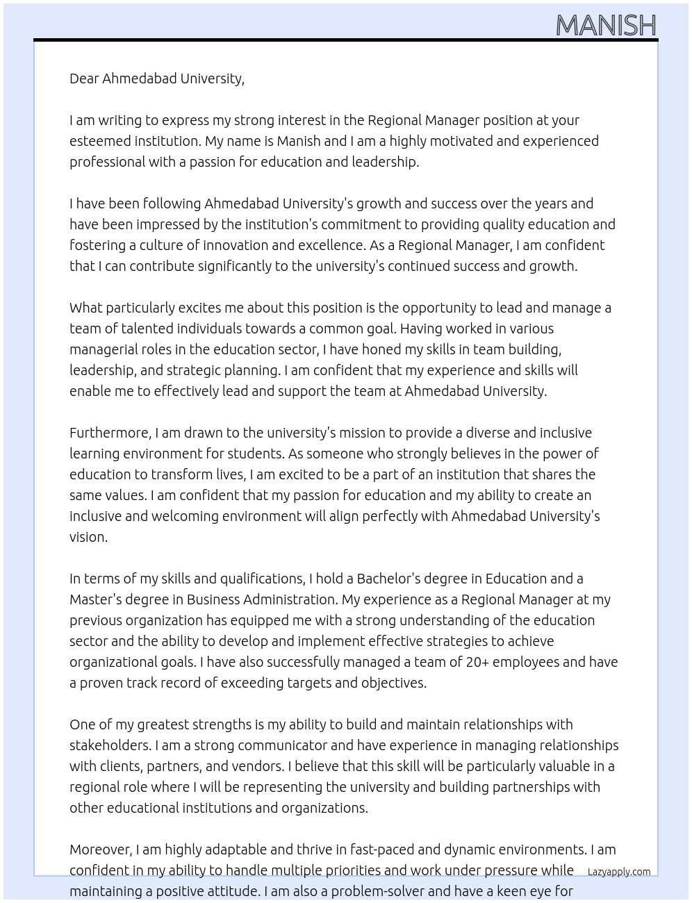 Regional Manager At Ahmedabad university Cover Letter