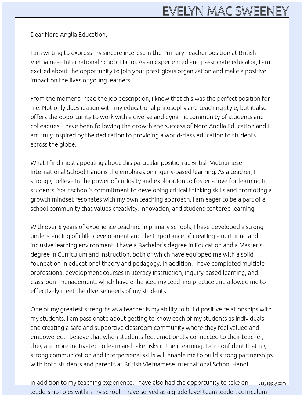 Primary Teacher At British Vietnamese International School Hanoi Cover Letter