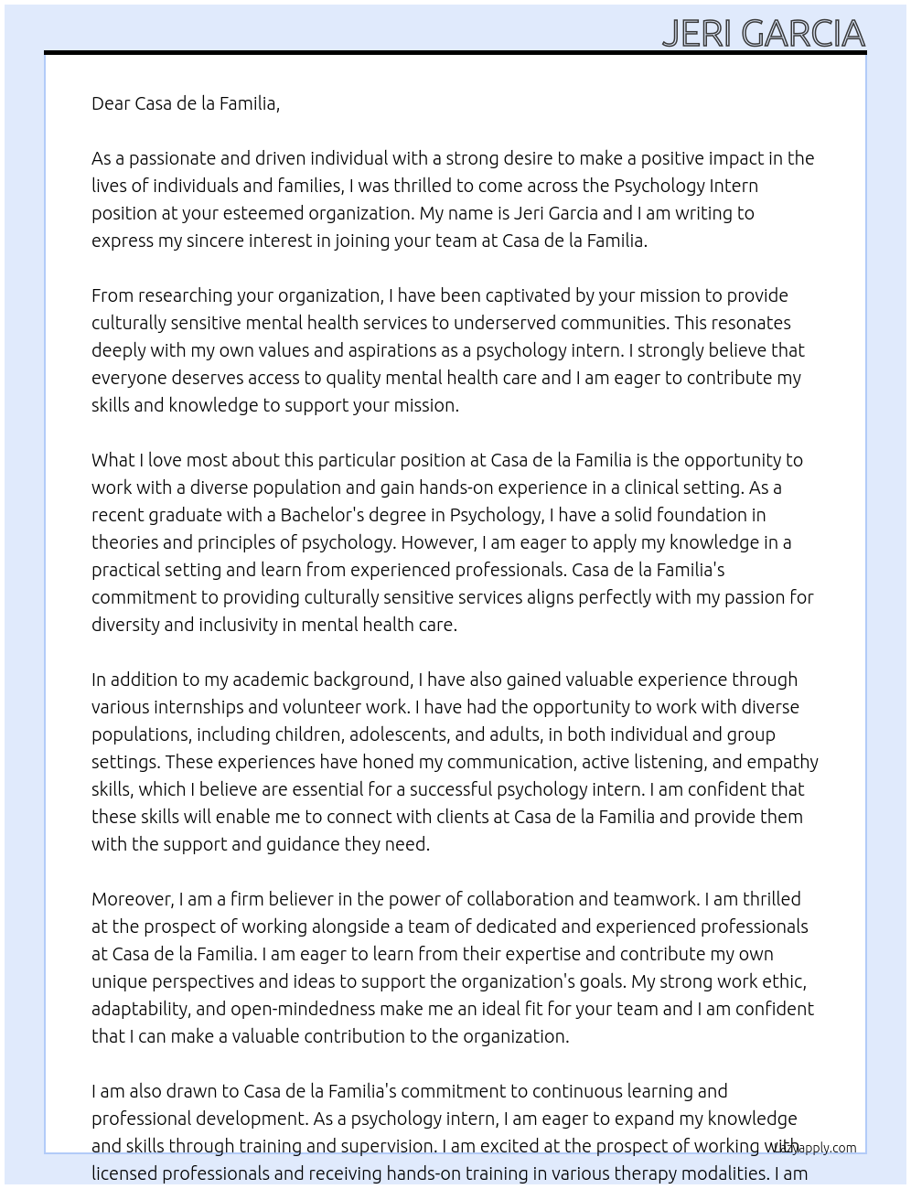 Psychology Intern At Casa de la Familia Cover Letter