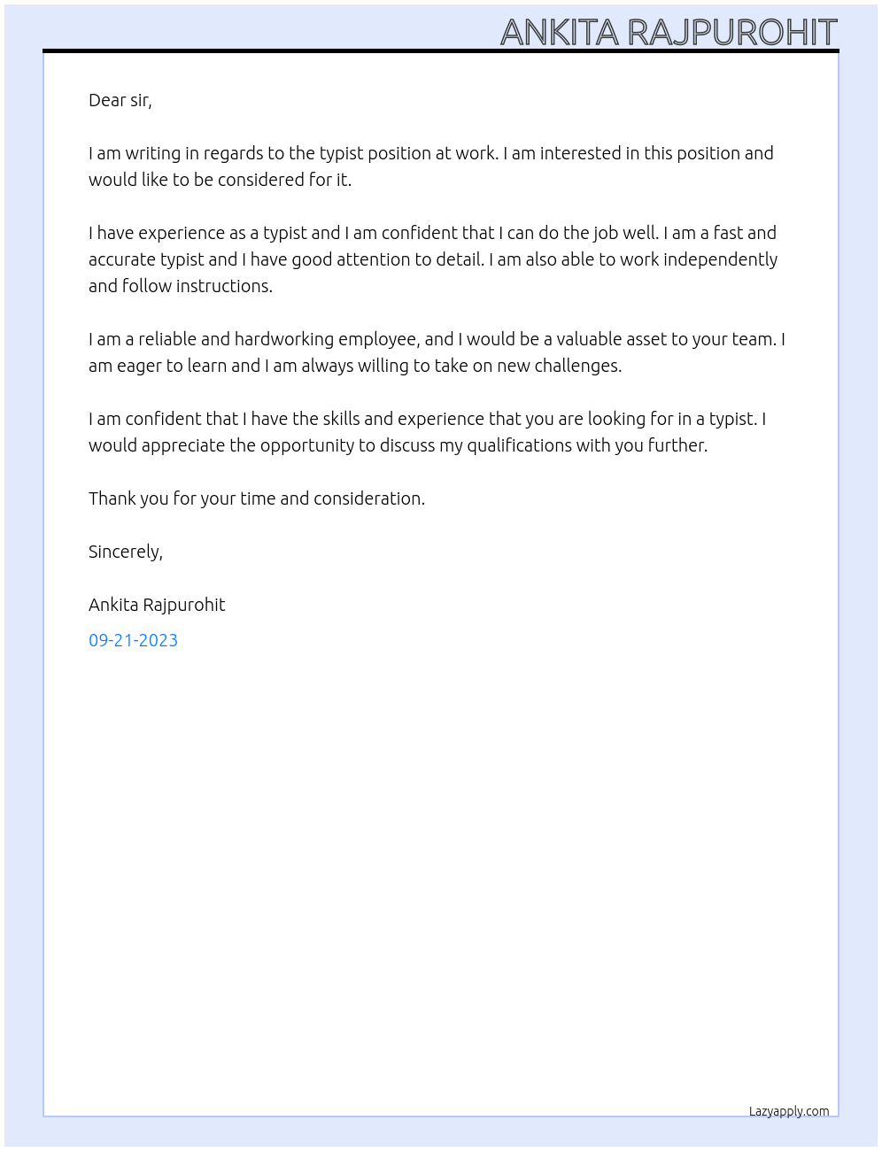 typist At work Cover Letter