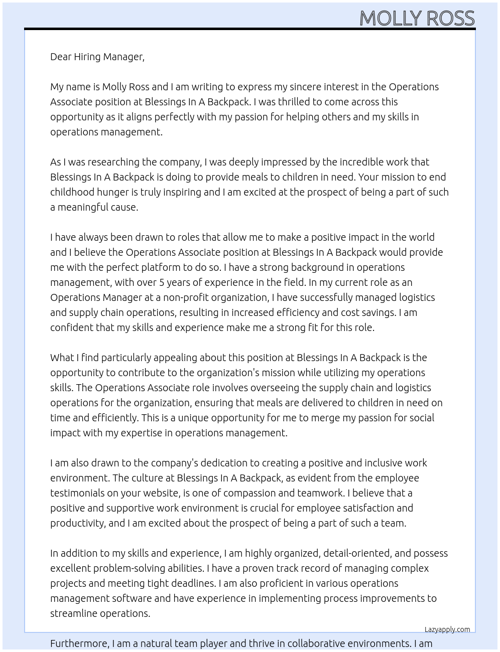 Operations Associate At Blessings In A Backpack Cover Letter