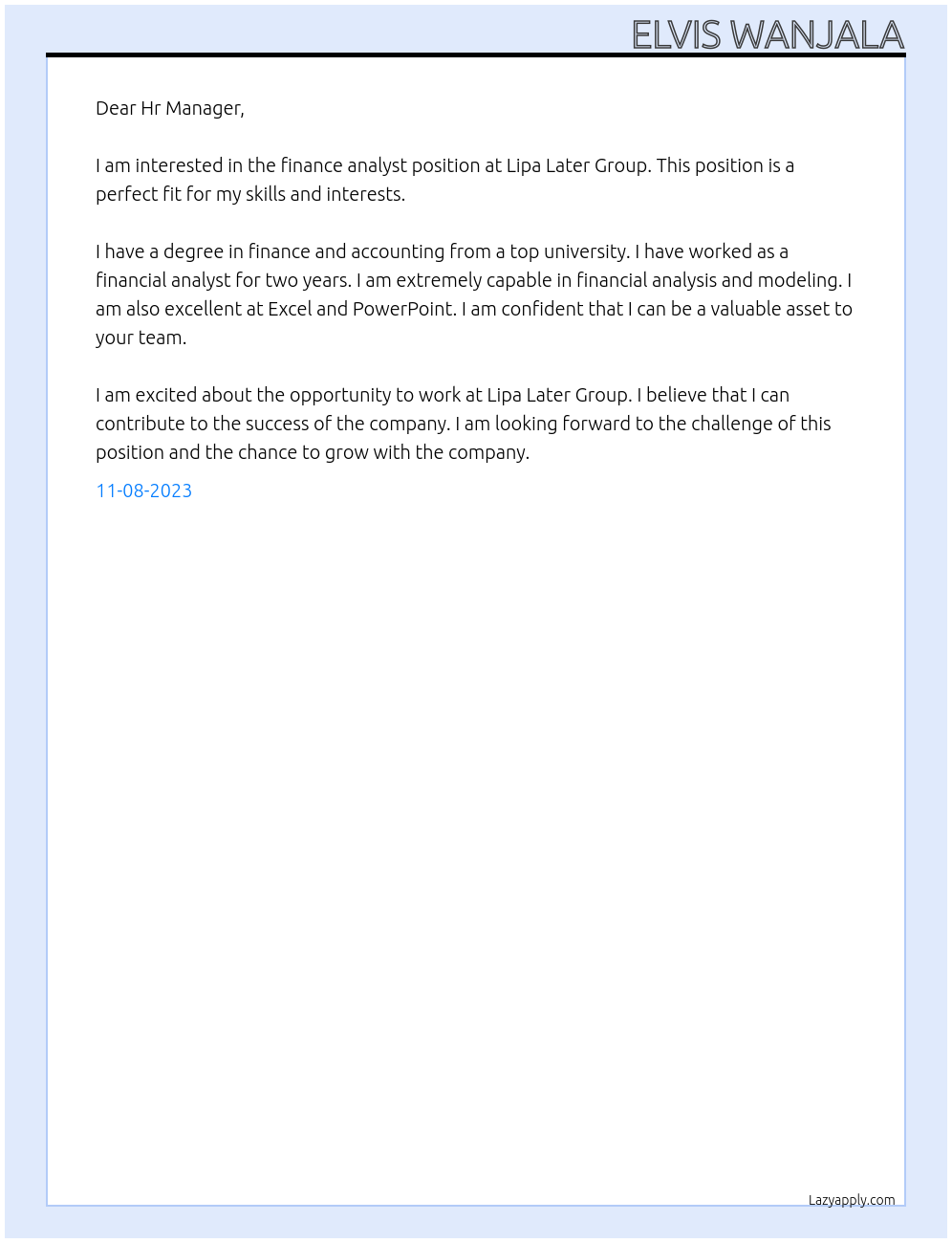 finance Analyst At Lipa Later Group Cover Letter
