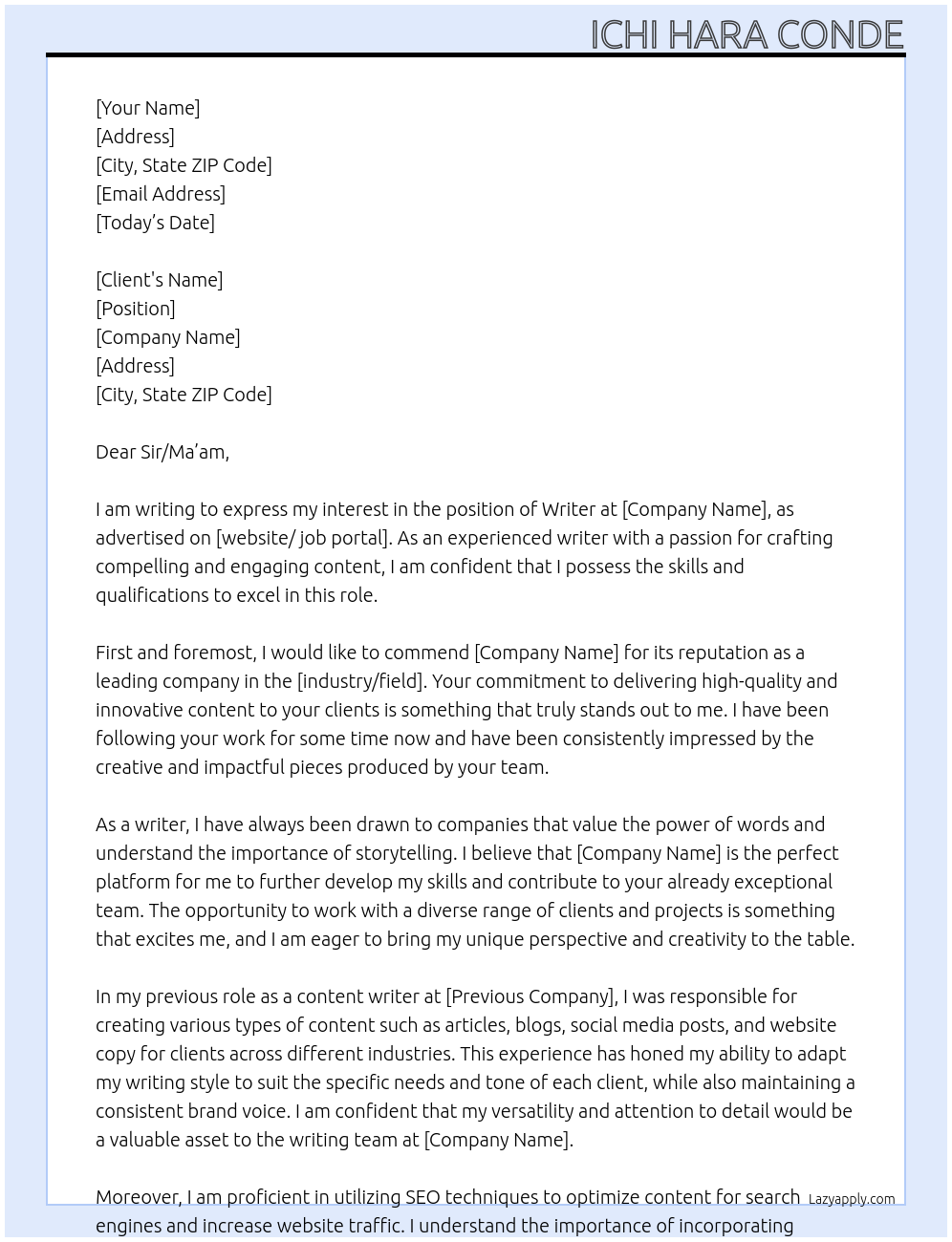 Writer At Sir/Ma'am Cover Letter