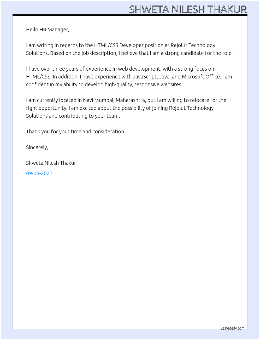 Cover letter for html/css developer - LazyApply