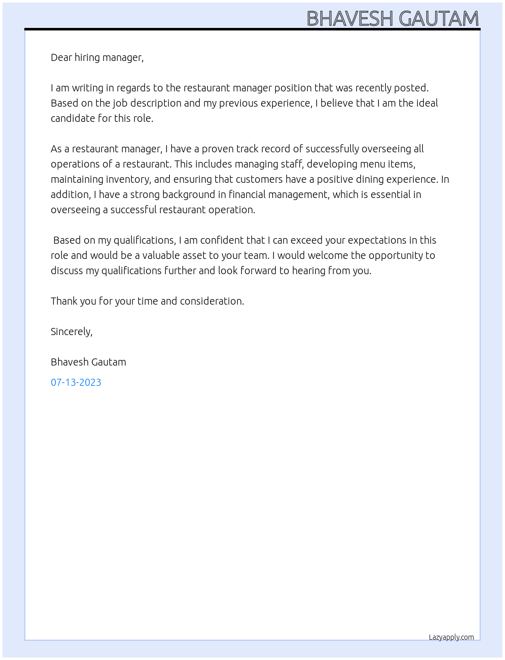 Restaurant Manager At Bhavesh Gautam Cover Letter