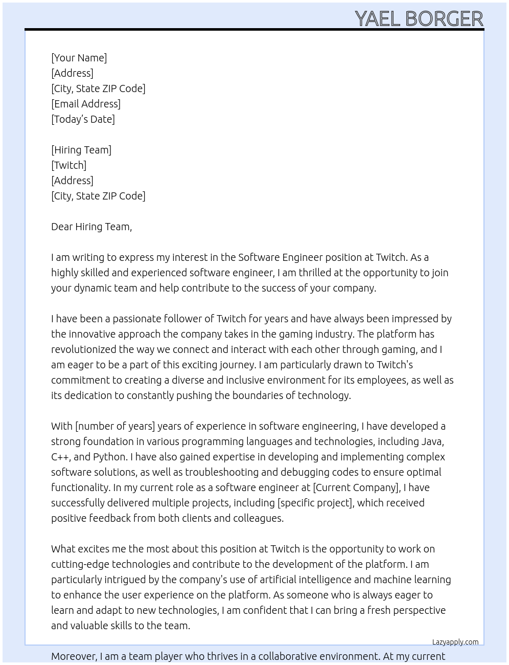 Software Engineer At Twitch Cover Letter