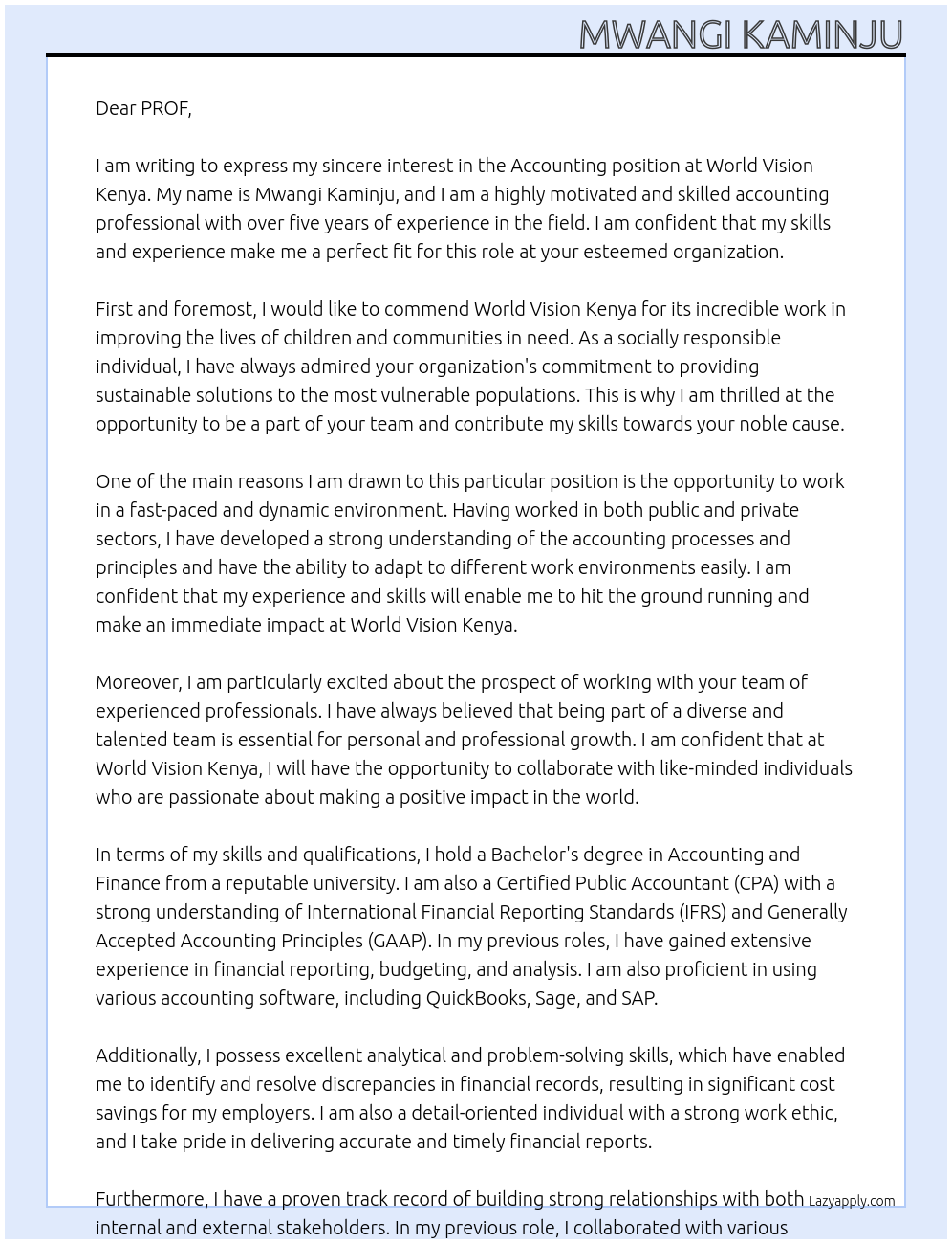 ACCOUNTING At WORLD VISION KENYA Cover Letter