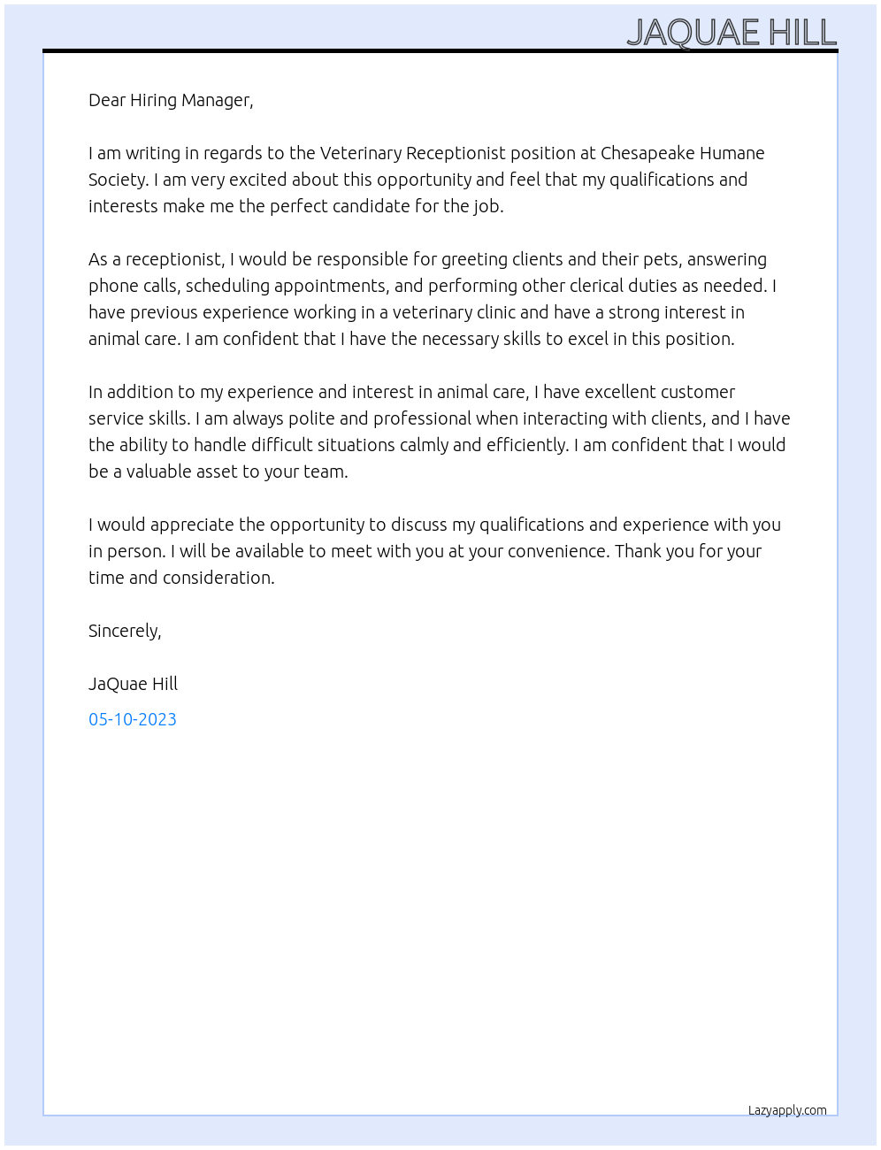 Veterinary Receptionist At Chesapeake Humane Society Cover Letter